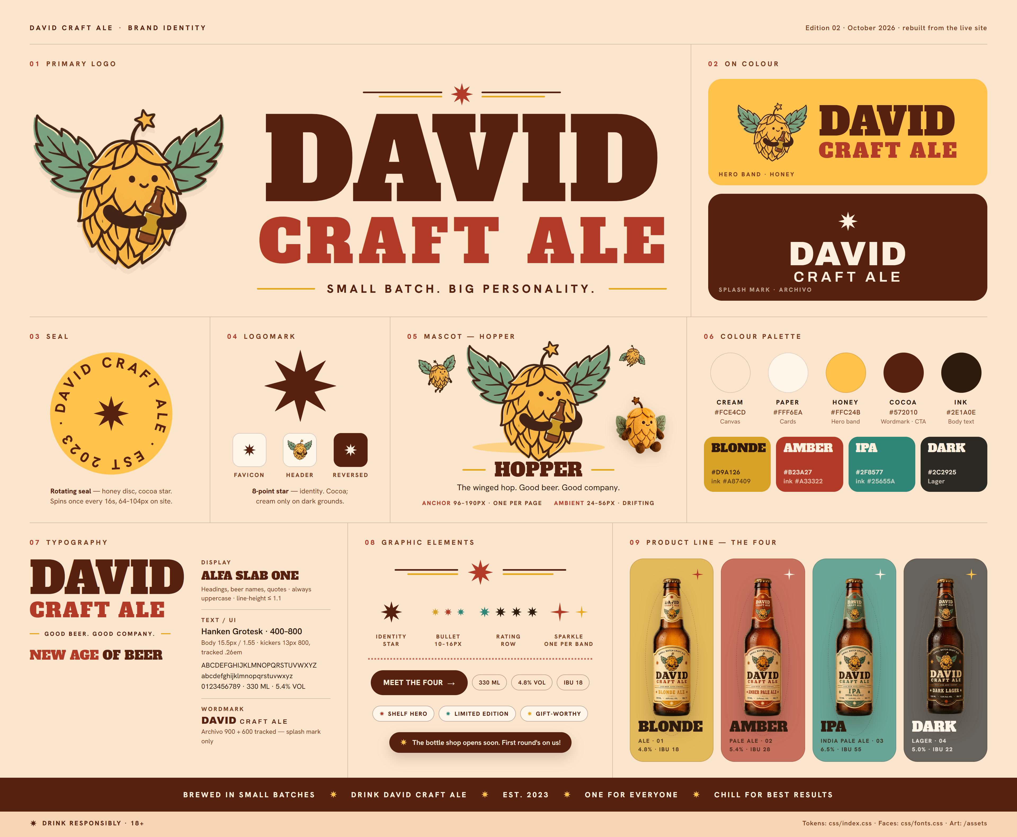 David Craft Ale brand identity, Edition 02: primary logo, on-colour versions, seal, logomark, Hopper, palette, typography, graphic elements and the four beers