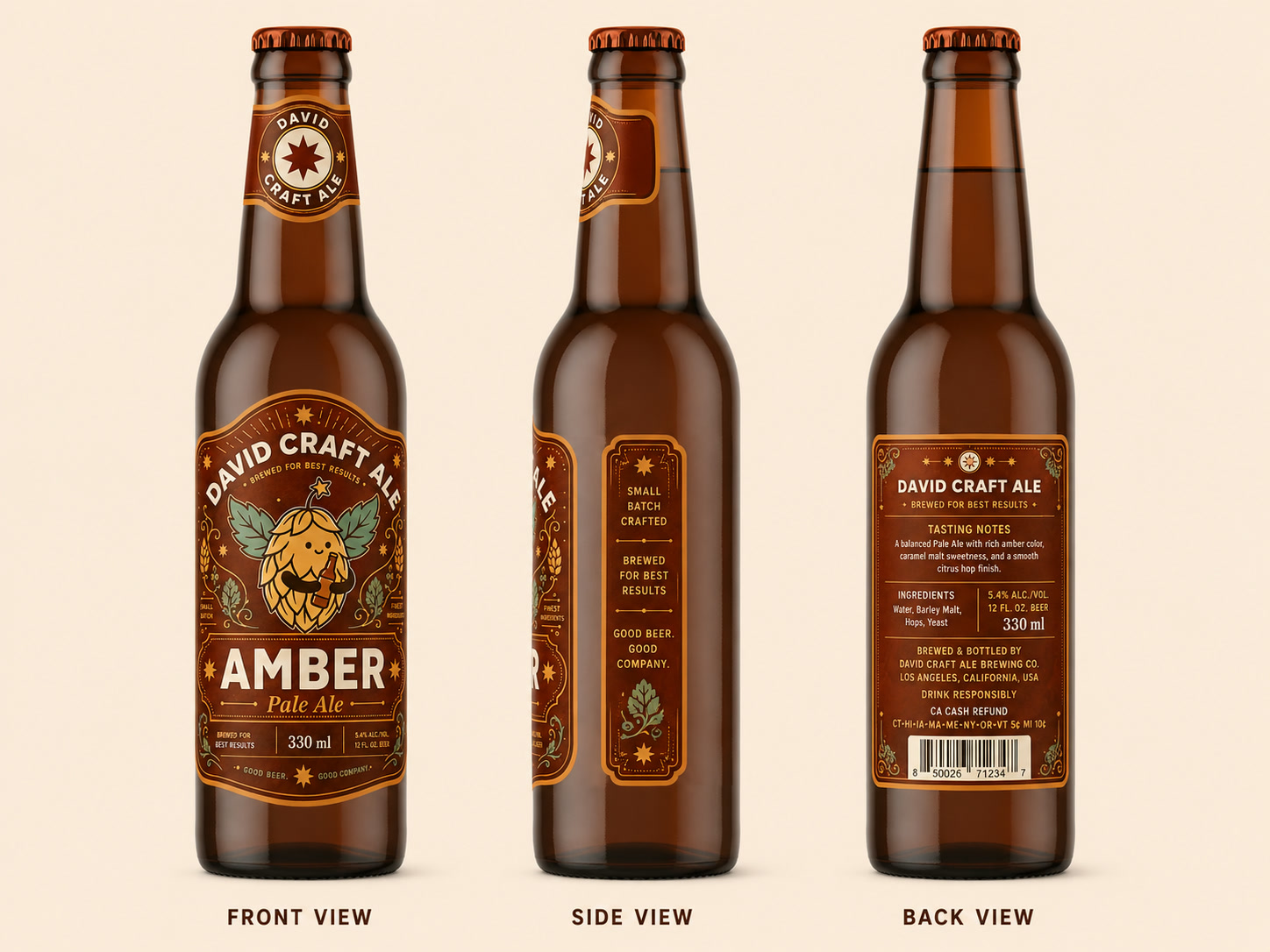 Amber Pale Ale bottle from the front, side and back: neck, front, side and back labels