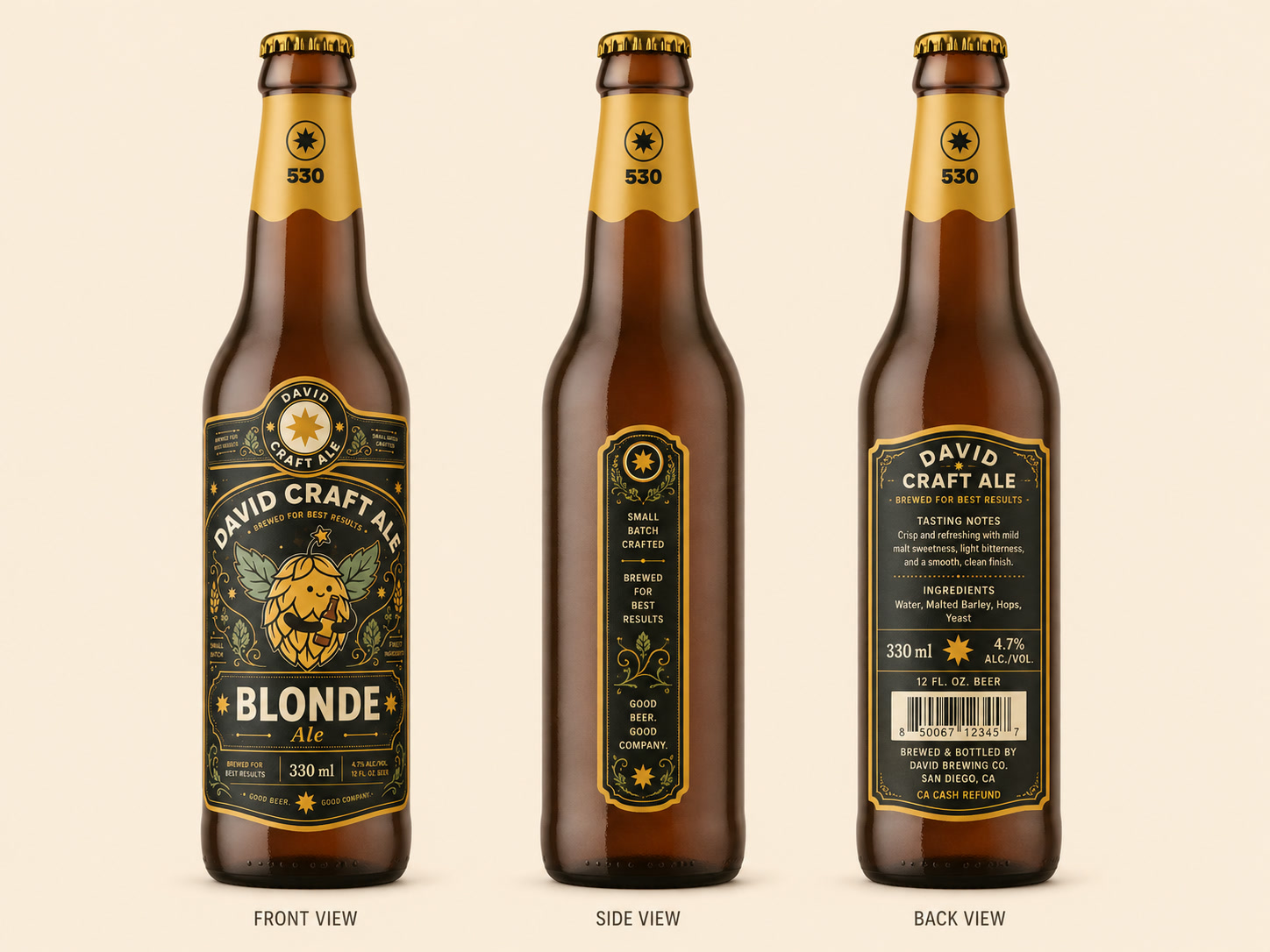 Blonde Ale bottle from the front, side and back: neck, front, side and back labels