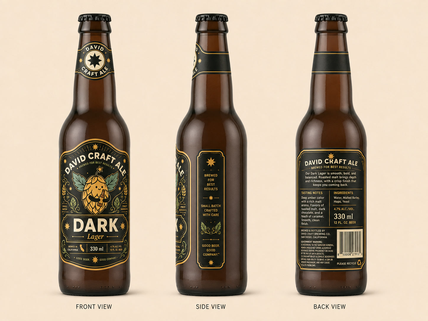 Dark Lager bottle from the front, side and back: neck, front, side and back labels