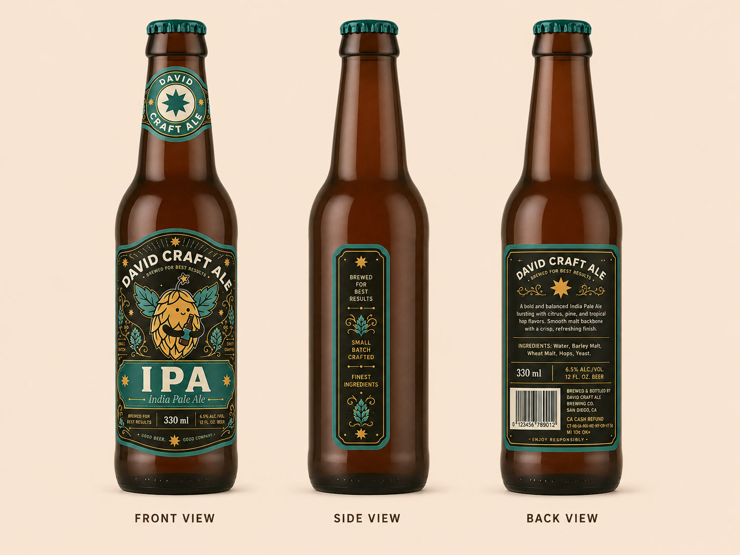 IPA bottle from the front, side and back: neck, front, side and back labels
