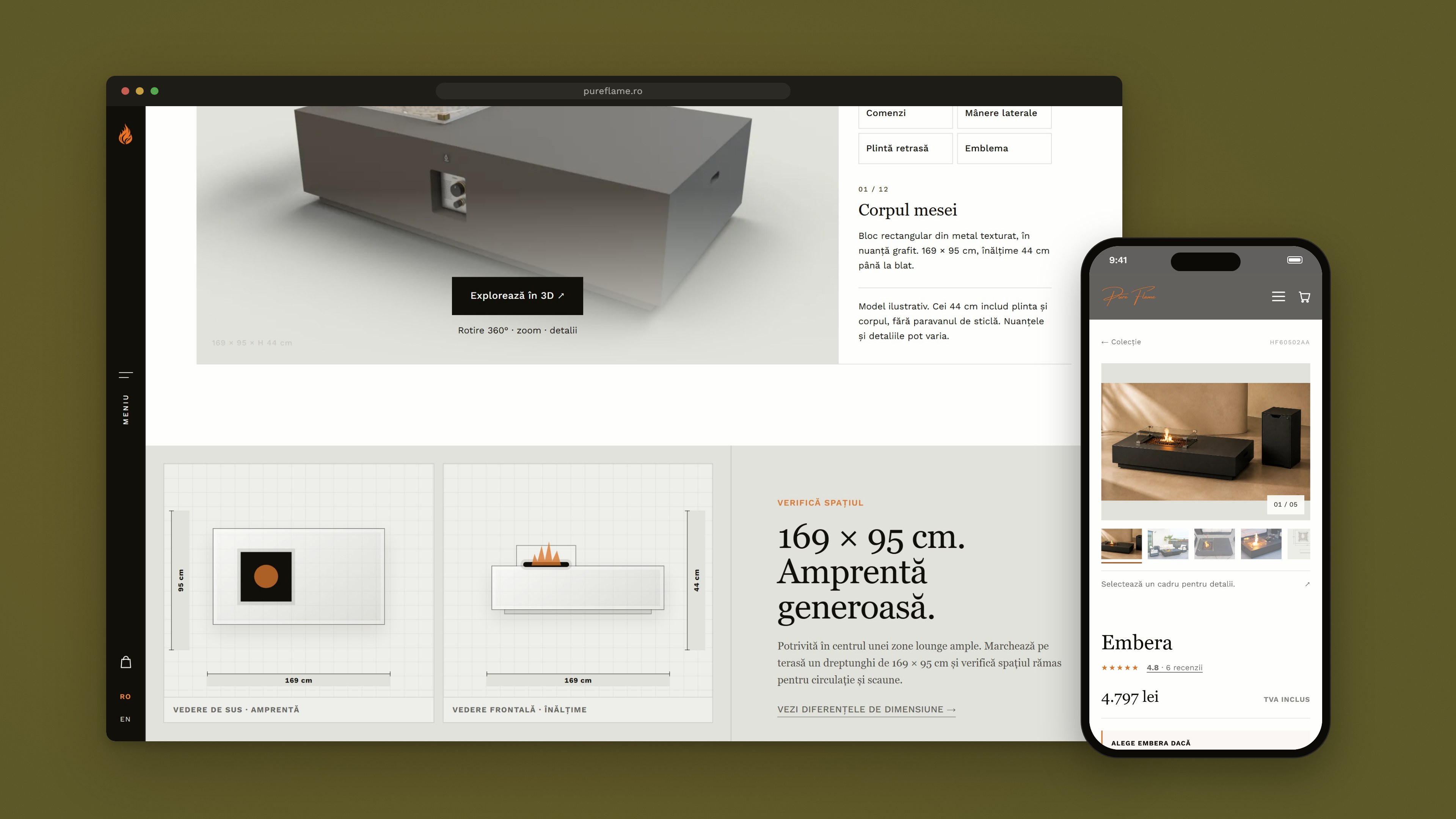 Embera details: 3D viewer and dimensions, with the product page on mobile