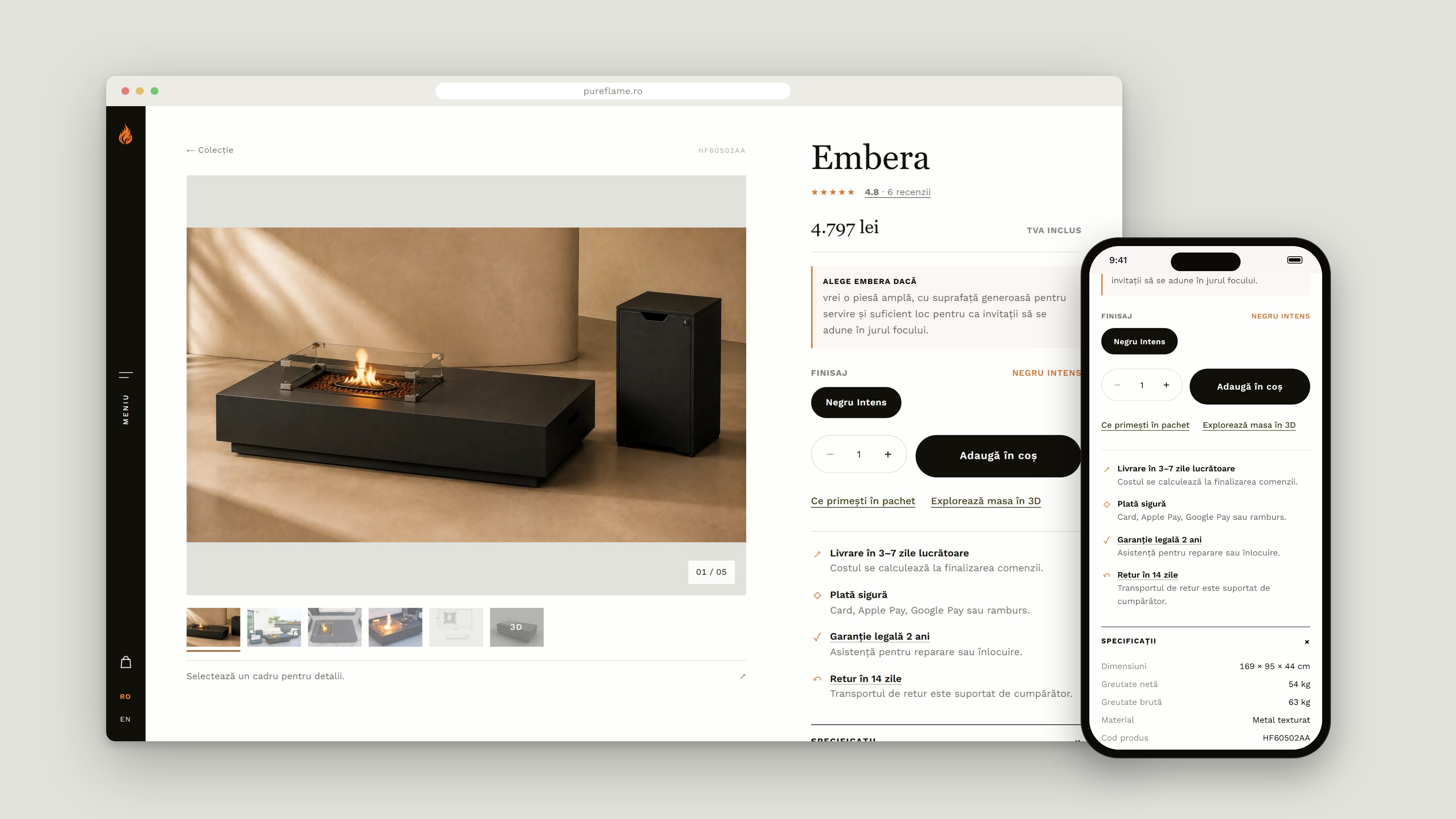Embera product page on desktop and the buy box on mobile